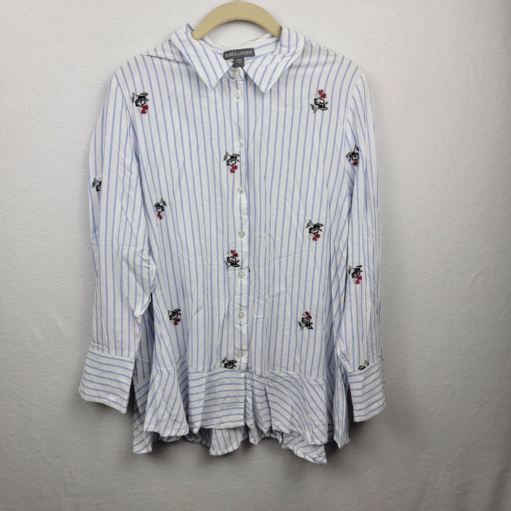 Jessica L.Striped long-sleeved button-up shirt size 18W with embroidered flowers